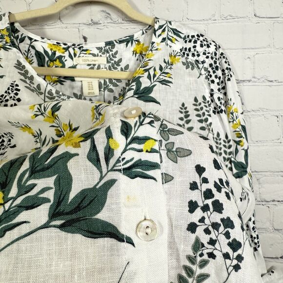 Chinthya Rowley Linen Blouse Women Size Plus 1X Floral Artsy Roll Tab Sleeve Top - Picture 2 of 9